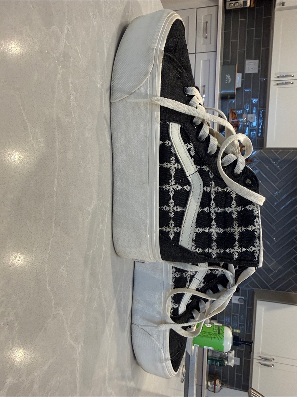 Vans platform Black denim and White High-Top Sneakers with Star Stitch Detail.